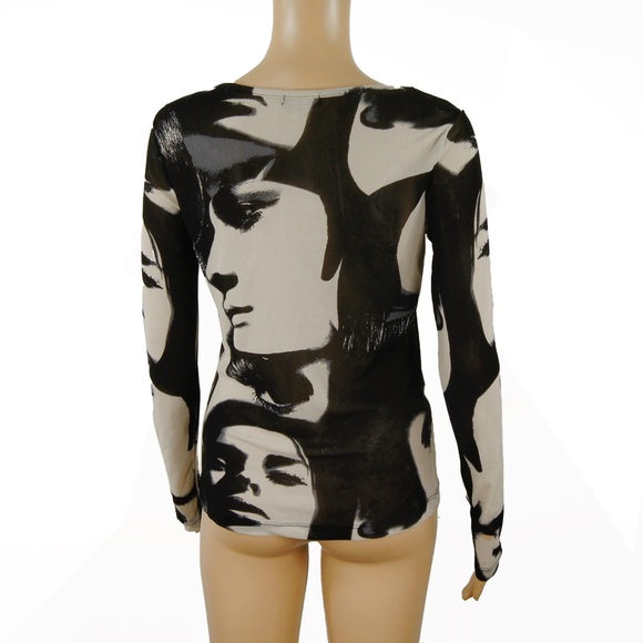 Vintage 90s Y2K Digital Face Collage Print Semi Sheer Mesh Long Sleeve Top - Picture 4 of 6